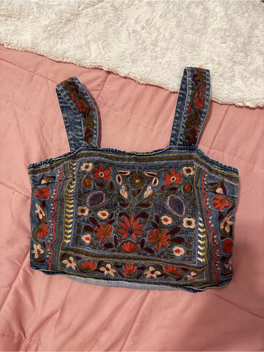 ArulaEmbroidered Denim Crop Top
